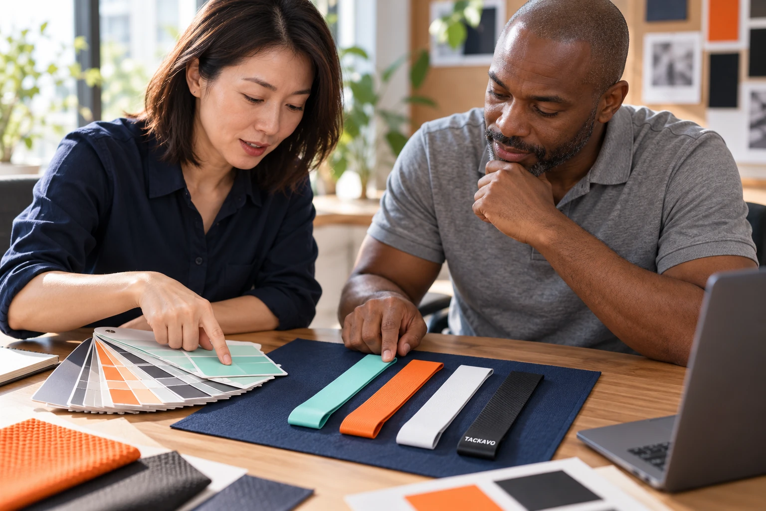 Two people discussing grip colors and flat grip sample strips