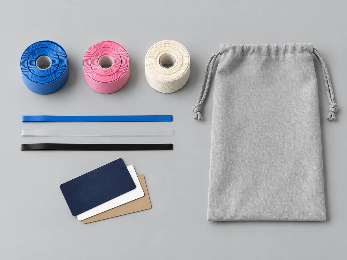 Curated racket grip sample kit with overgrip rolls, towel grip roll, thin edge tape strips and swatches