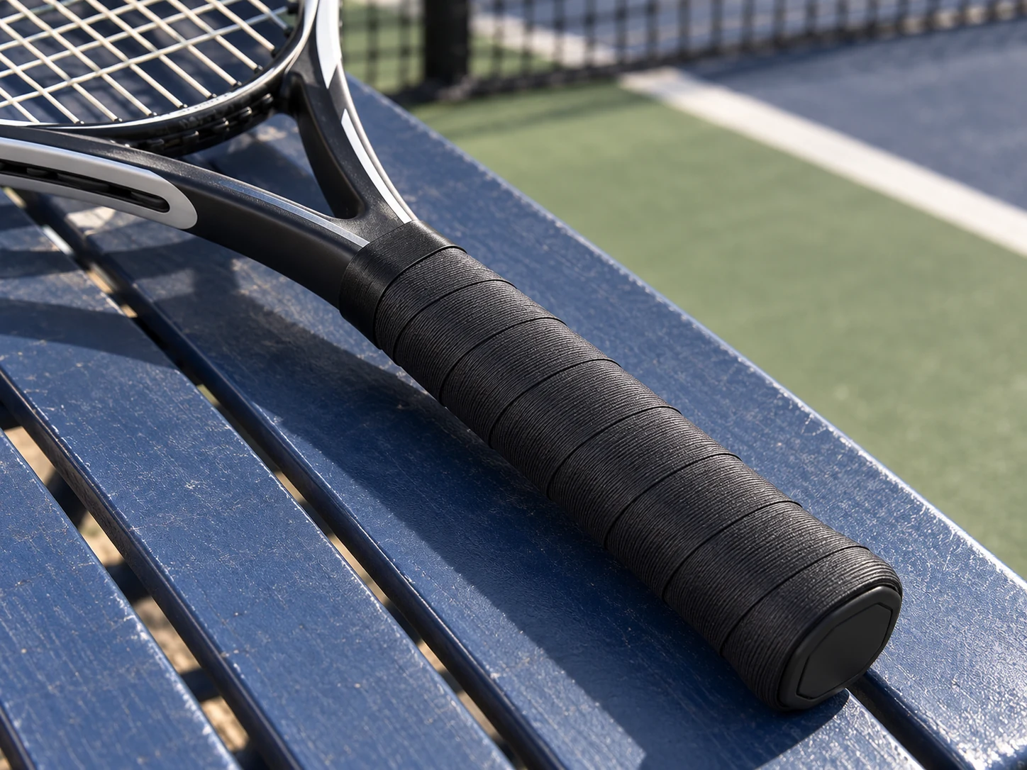 RG-C02 black comfort replacement grip installed on a tennis racket handle