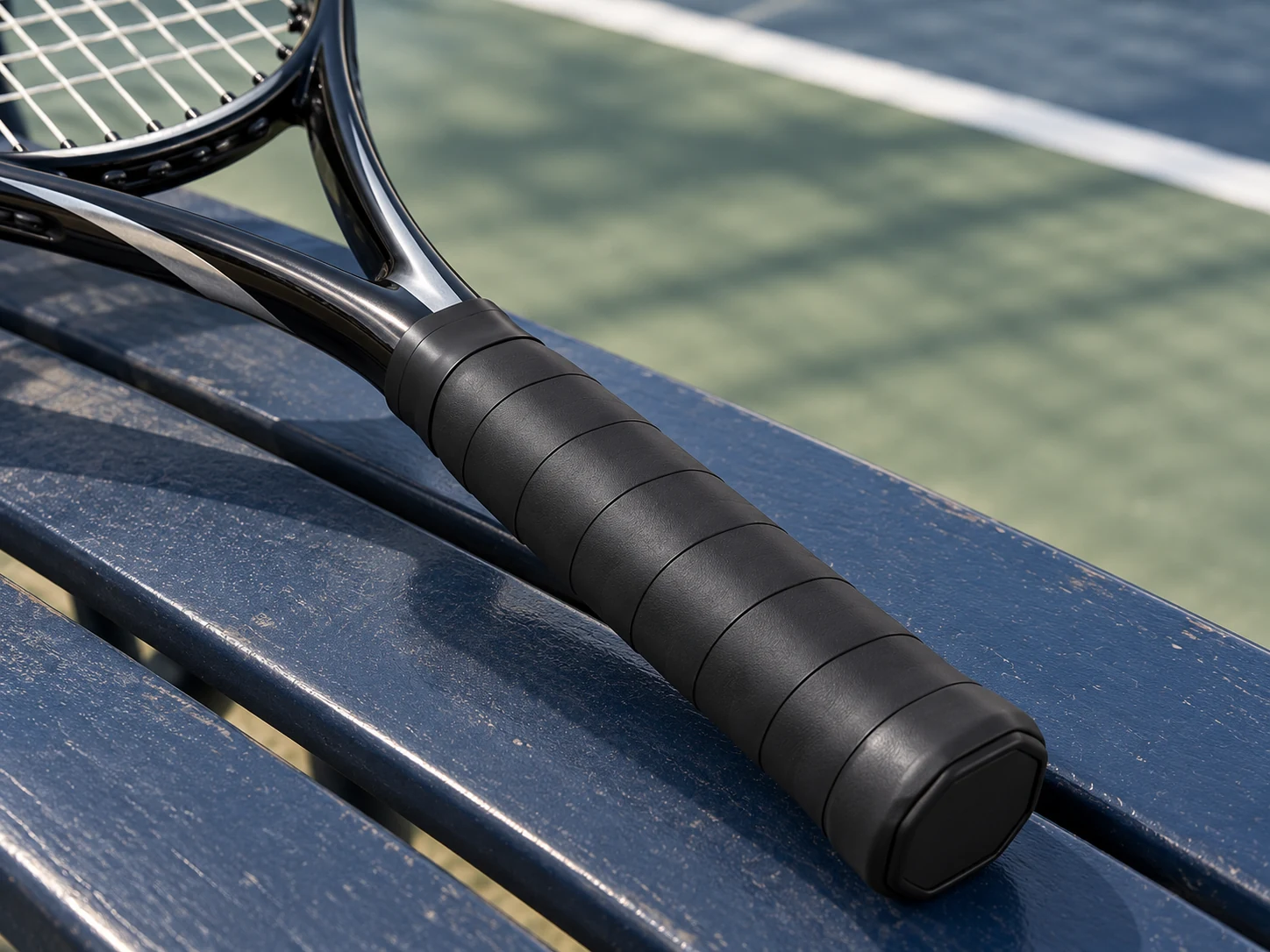 RG-F01 black firm replacement grip installed on a tennis racket handle
