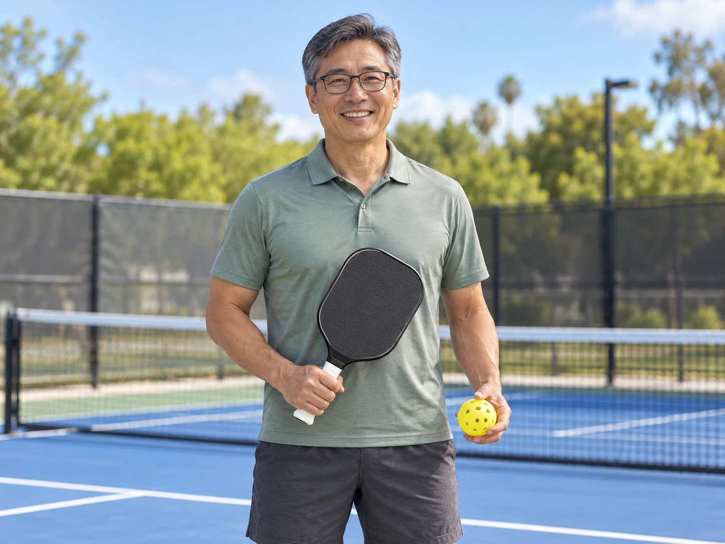 A pickleball player holding a paddle with RG-MT01 white mild tacky replacement grip
