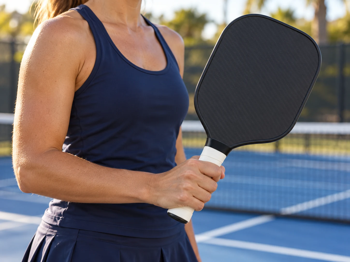 A pickleball player holding a paddle with RG-S02 white soft replacement grip