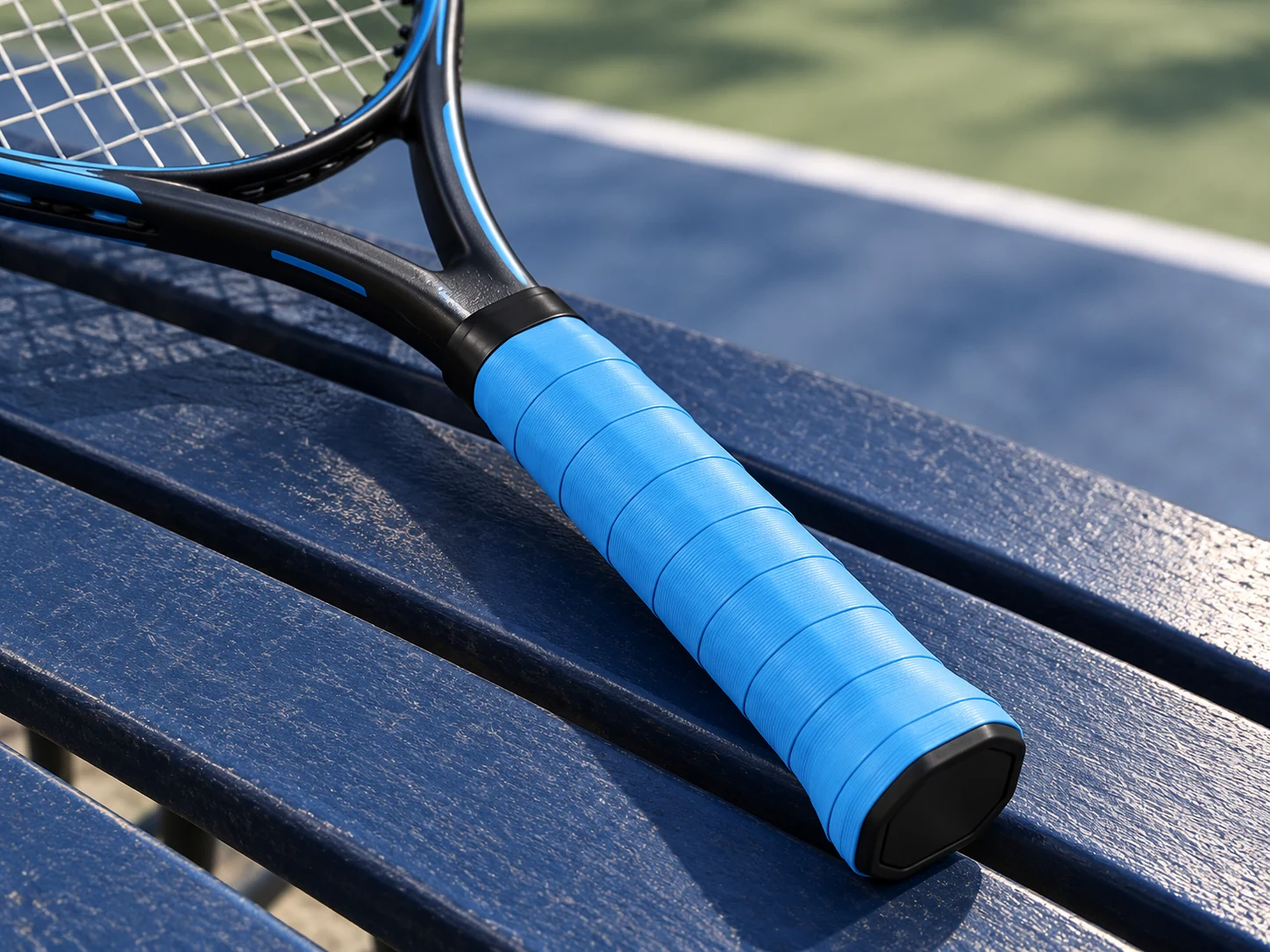 Grip de recambio suave azul de secado rápido RG-S03 colocado en el mango de una raqueta de tenis