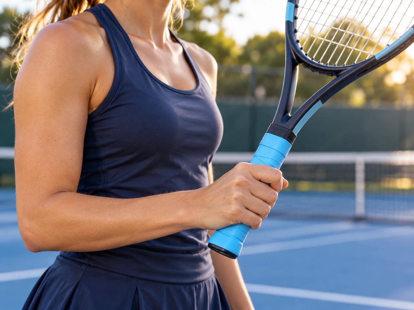 A tennis player holding a racket with RG-S03 blue soft quick-dry replacement grip