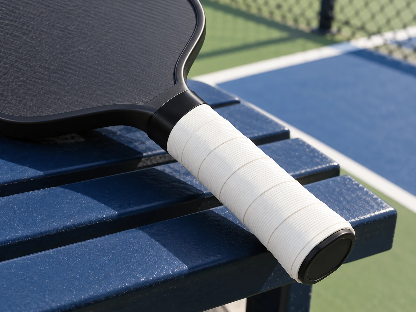 Grip di ricambio morbido bianco che allontana il sudore RG-S04 applicato al manico di una pala da pickleball