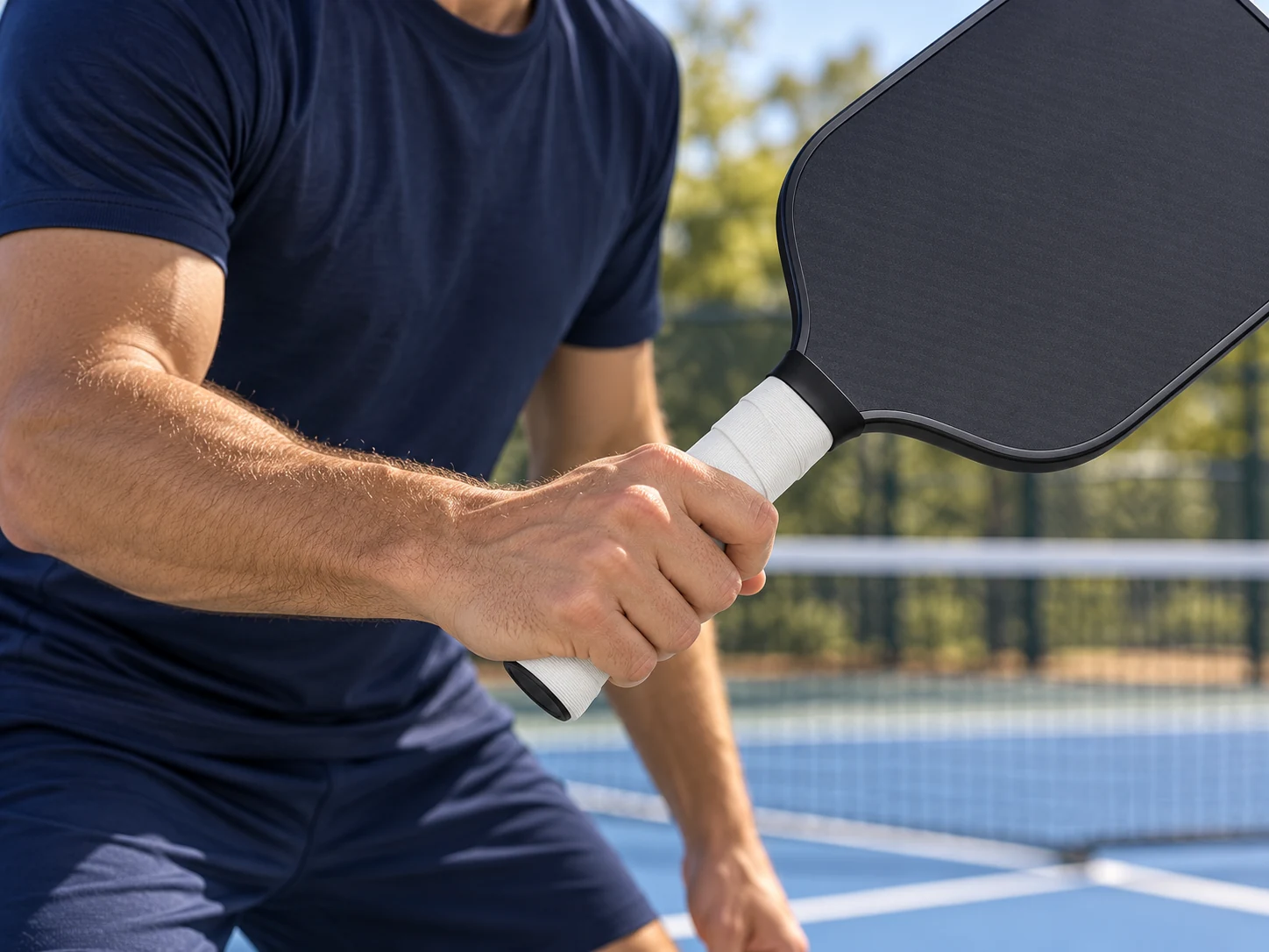 A pickleball player holding a paddle with RG-S04 white soft sweat-wicking replacement grip