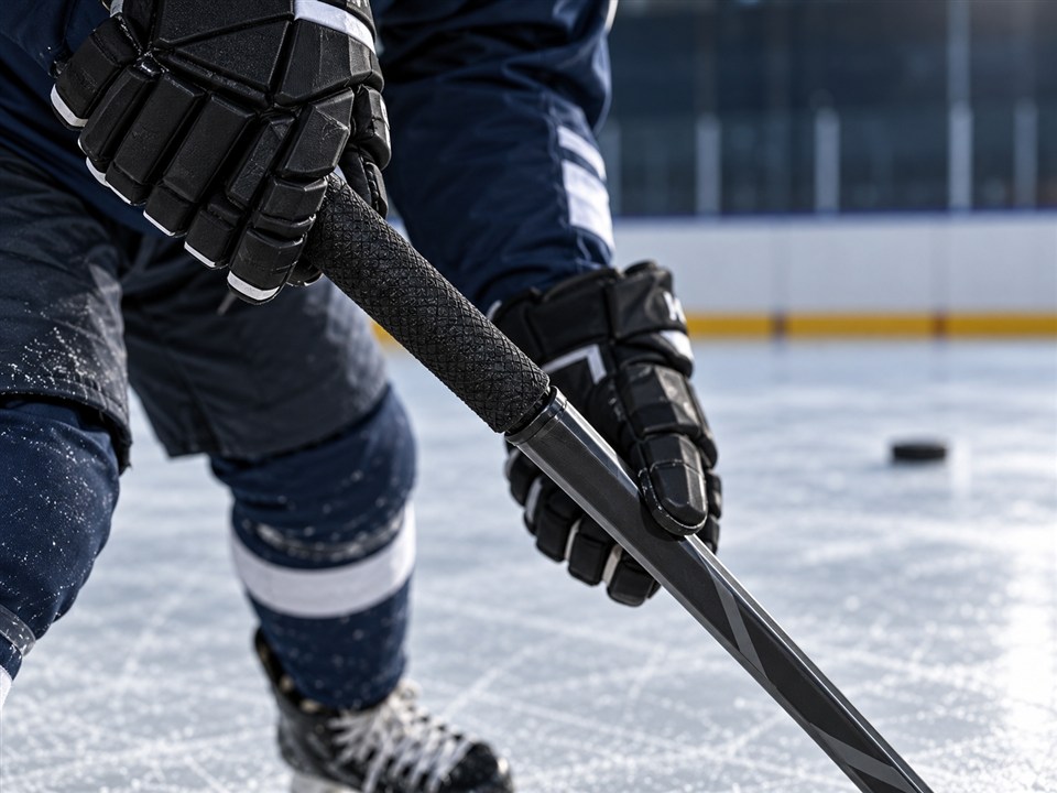 Gloved ice hockey player holding a black-wrapped stick handle on an ice rink