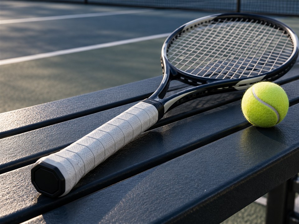 Tennis racket with a white grip wrap and a yellow ball on a court-side bench