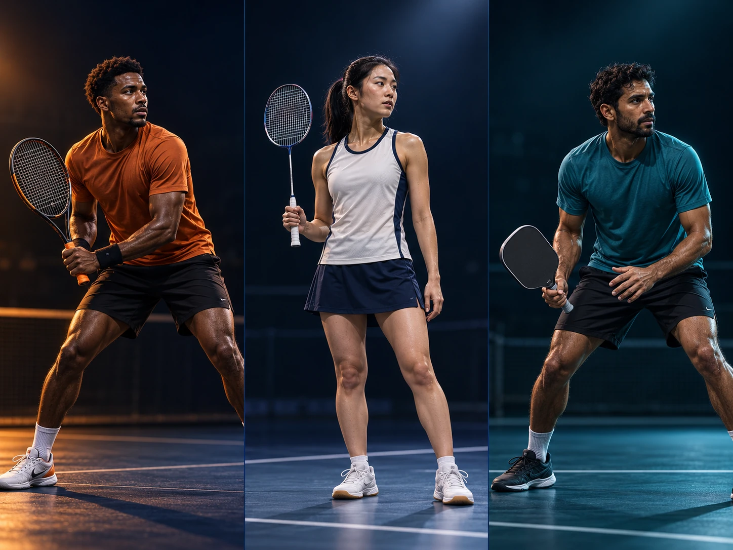 Tennis, badminton and pickleball players holding their rackets and paddle