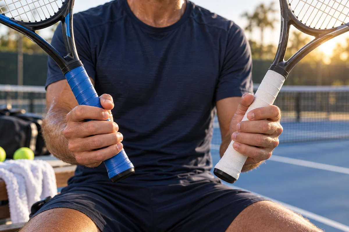 Player comparing blue tacky and white dry overgrip handles