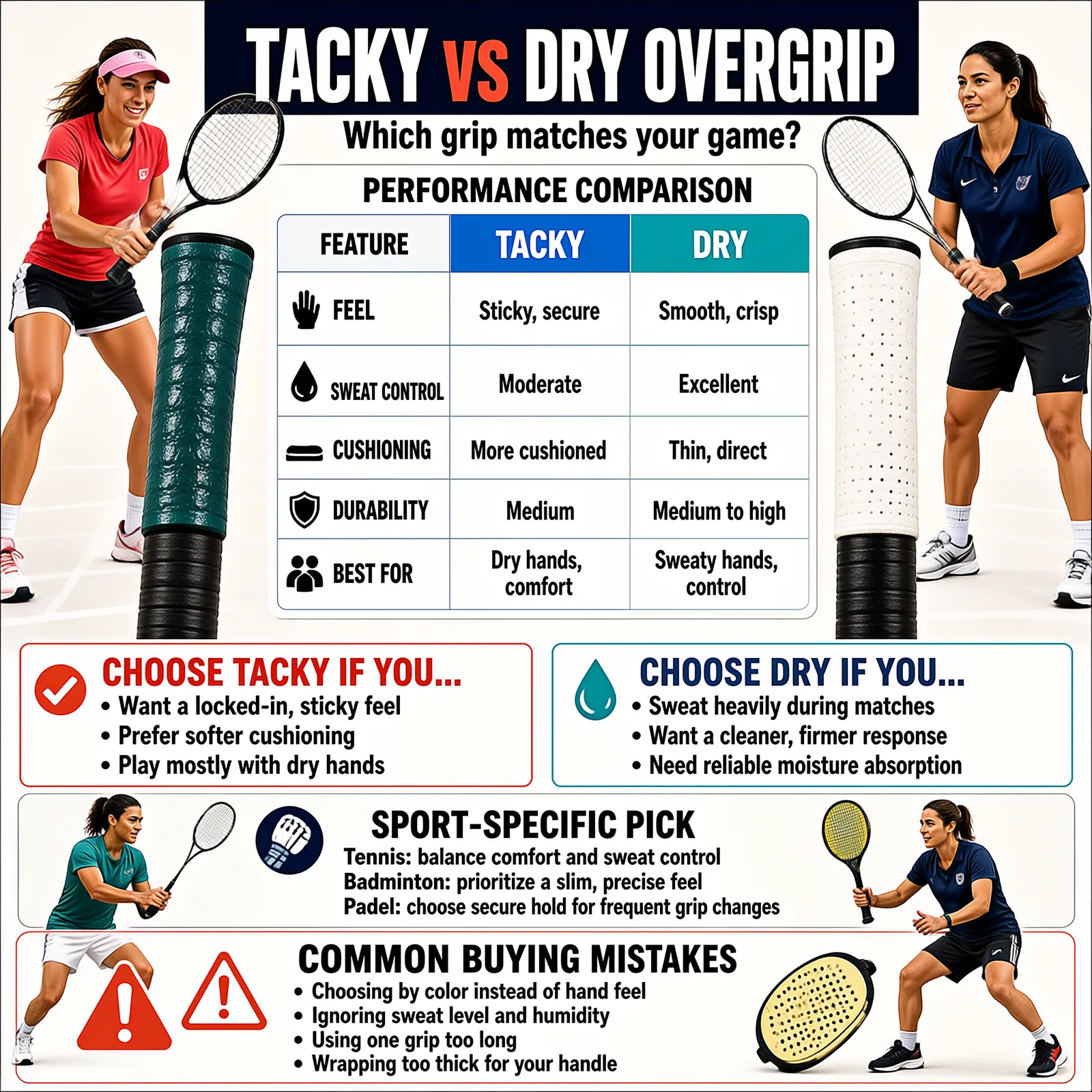Tacky vs dry overgrip comparison chart showing tackiness, sweat response and durability
