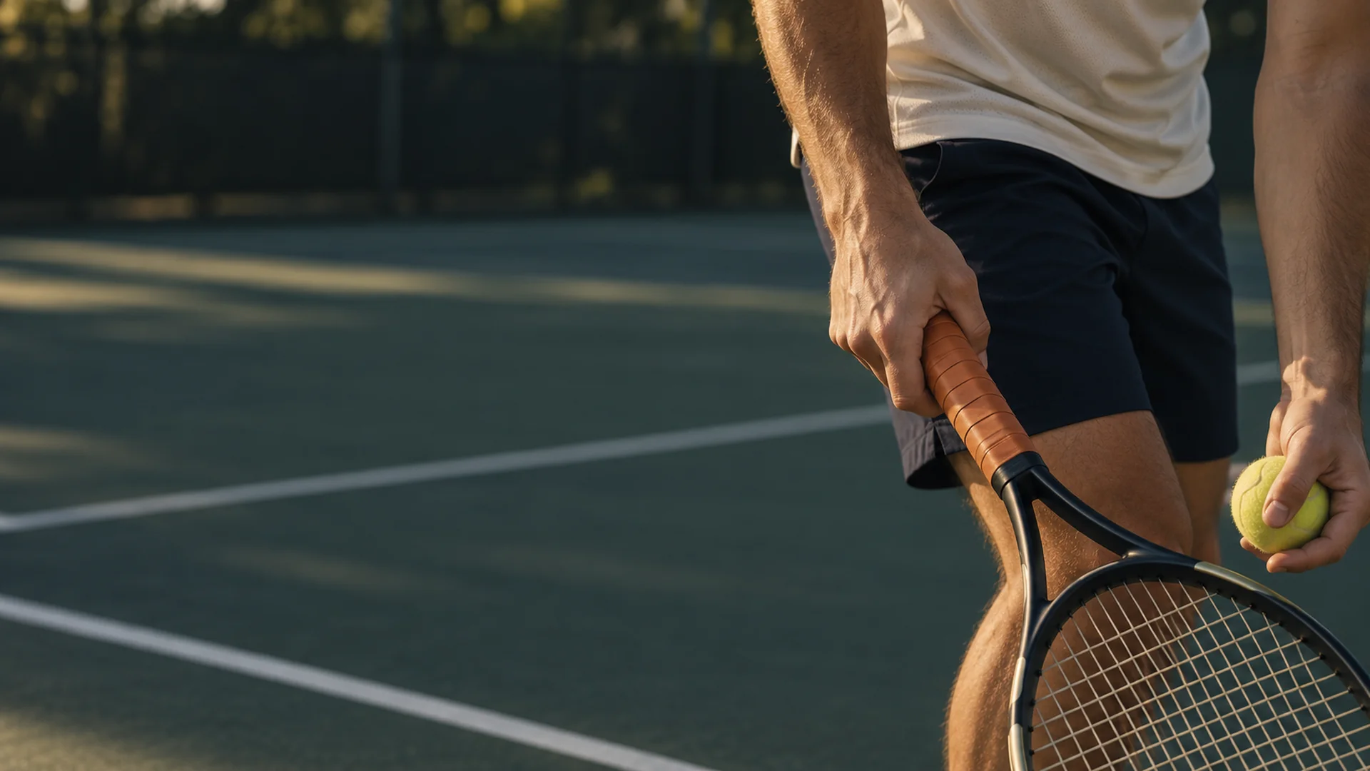 Tennis player holding a racket with a terracotta-colored grip on an outdoor court