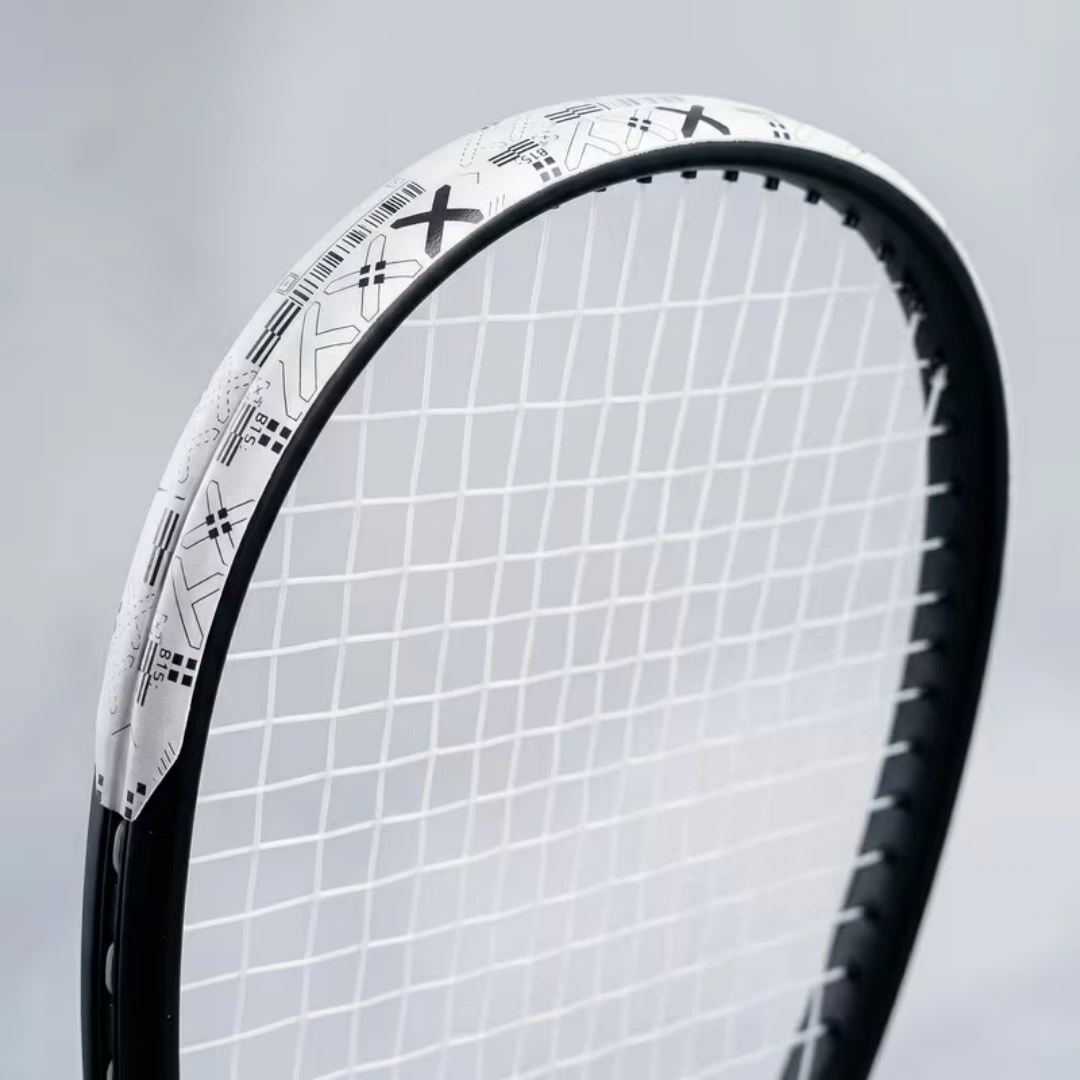 Tennis racket head protected with anti-abrasion edge guard tape