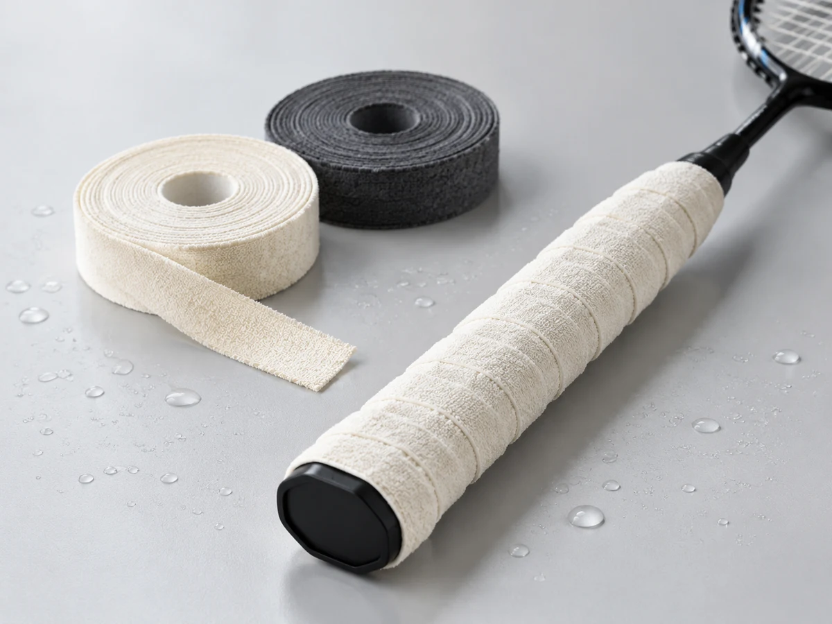 Thin towel-textured grip tape rolls beside a badminton handle wrapped with towel grip
