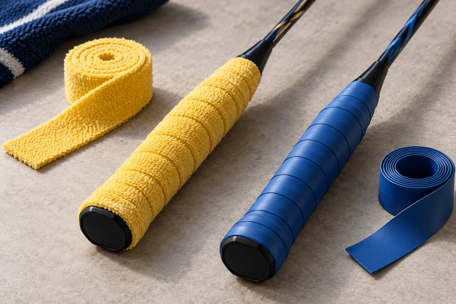 Illustration comparing yellow towel-grip and blue PU-wrapped badminton handles with matching tape rolls