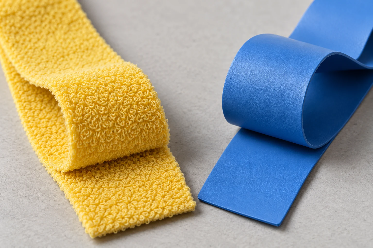 Illustrative close-up comparing yellow towel-grip textile loops with a smooth blue PU grip strip