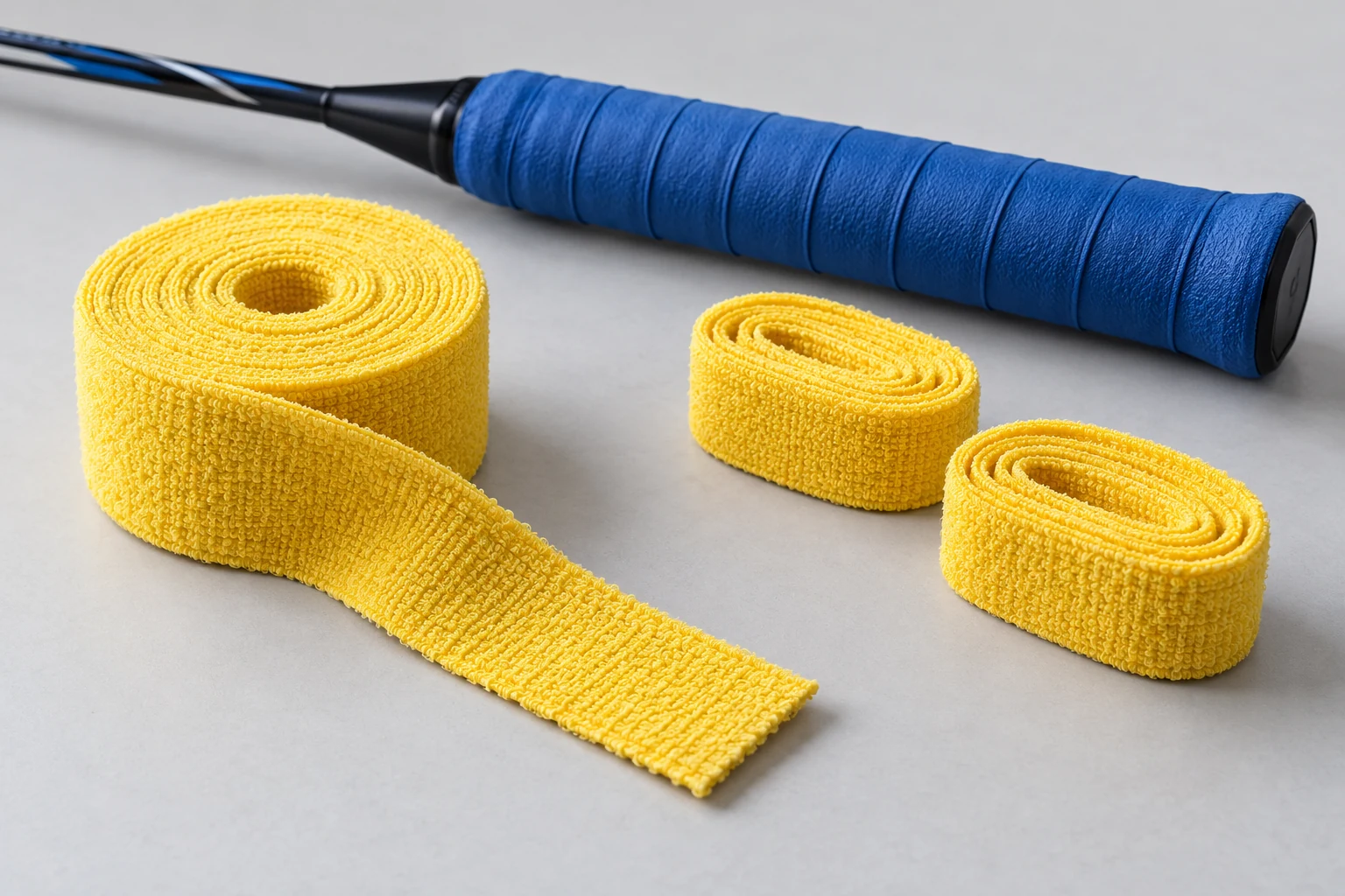 Illustration of a continuous yellow towel-grip roll and separate cut wraps beside a blue-wrapped badminton handle